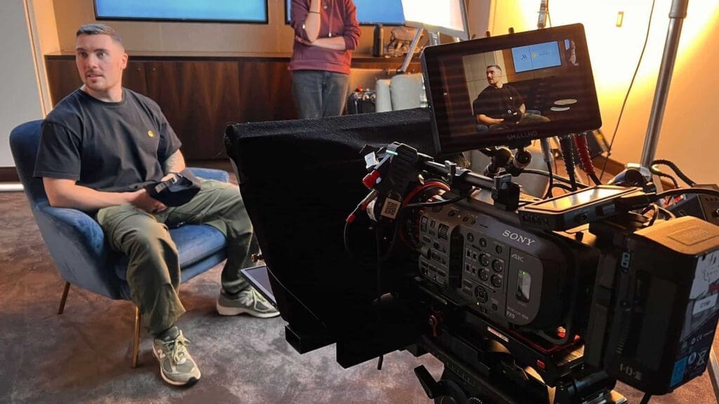 Video SEO 2 Man using teleprompter with FX9 camera setup