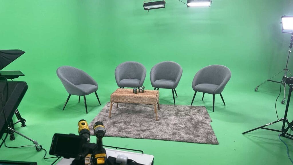 BTS green room chairs and studio setup