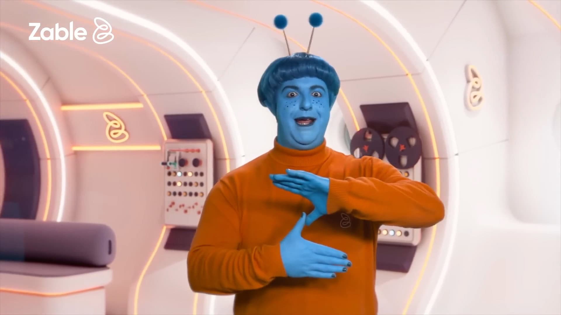 Alien character in futuristic spaceship interior design.