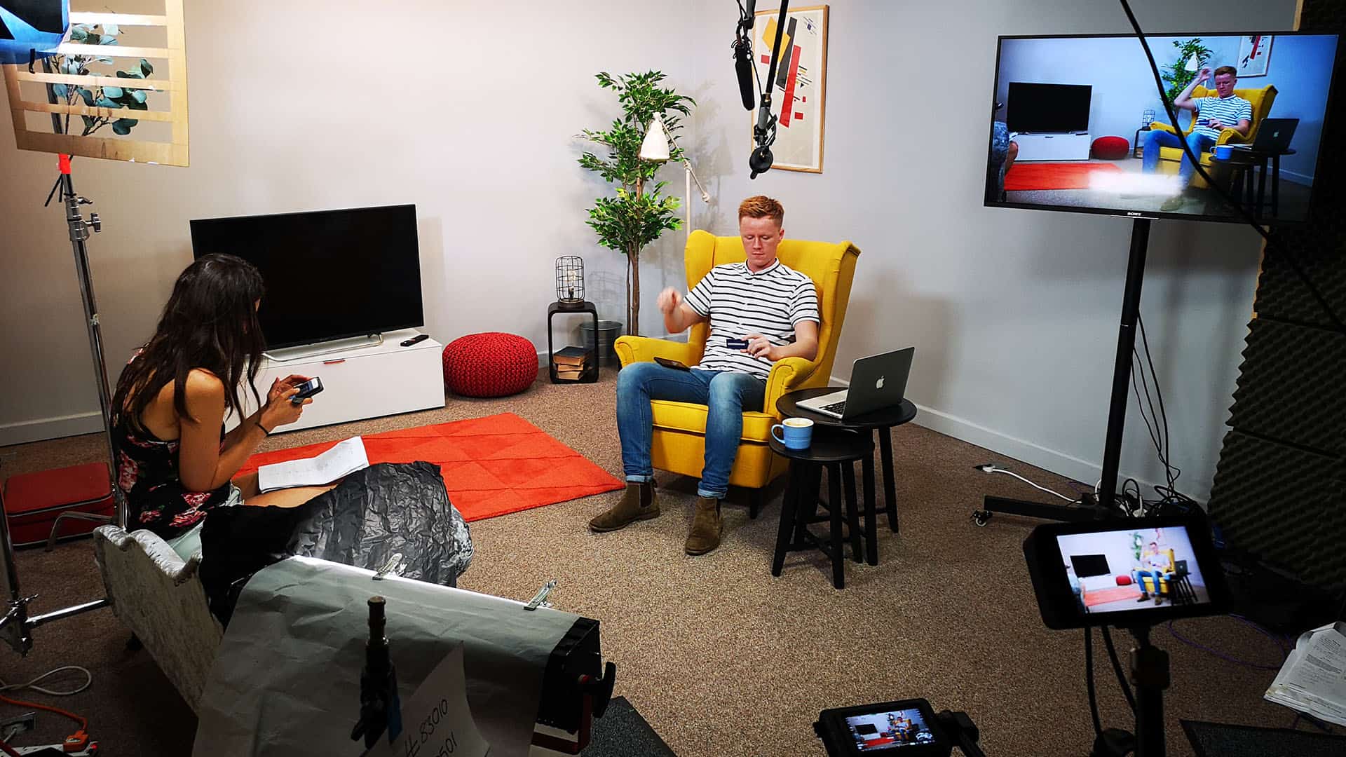 Recording session in cozy set in soundproof studio with equipment