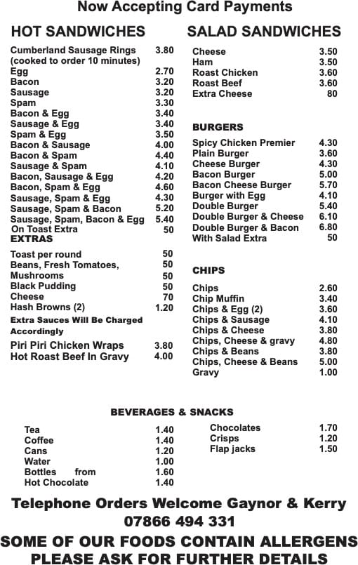 Cafe menu with sandwich and burger options.